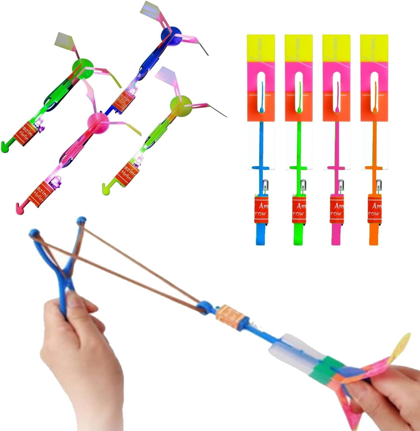 50 Sets LED Flying Set, 25 Slingshot + 25 Glow Helicopter, Glow in The Dark Party Favors for Kids, Outdoor Game Toys Party Supplies Gifts Bulk