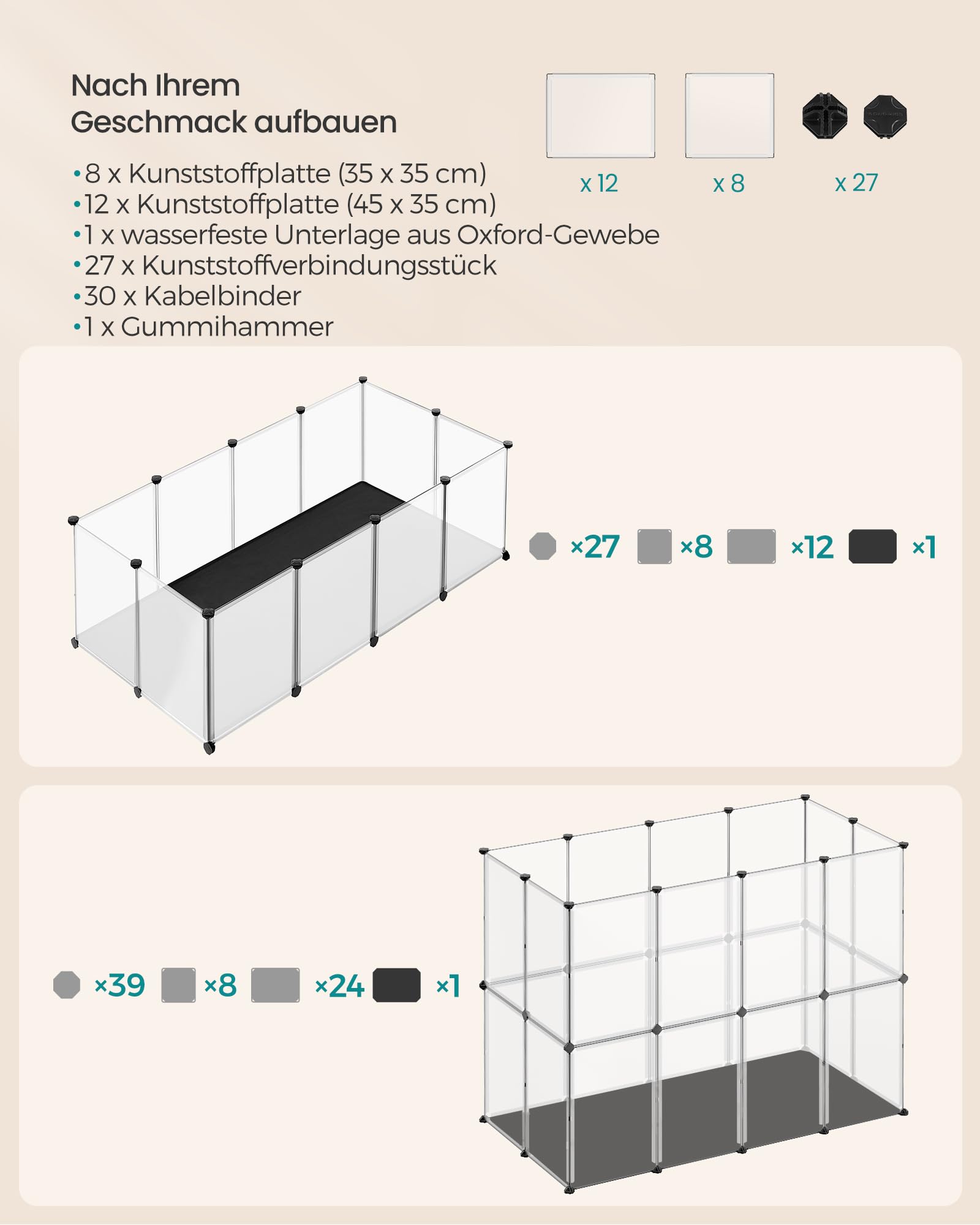 SONGMICS Kleintiergehege mit Bodenplatten 2er Set, Laufstall mit Abnehmbarer und wasserfester Unterlage, Gehege für Hamster, Kaninchen, Meerschweinchen, 143 x 73 x 46 cm, weiß LPC012W21
