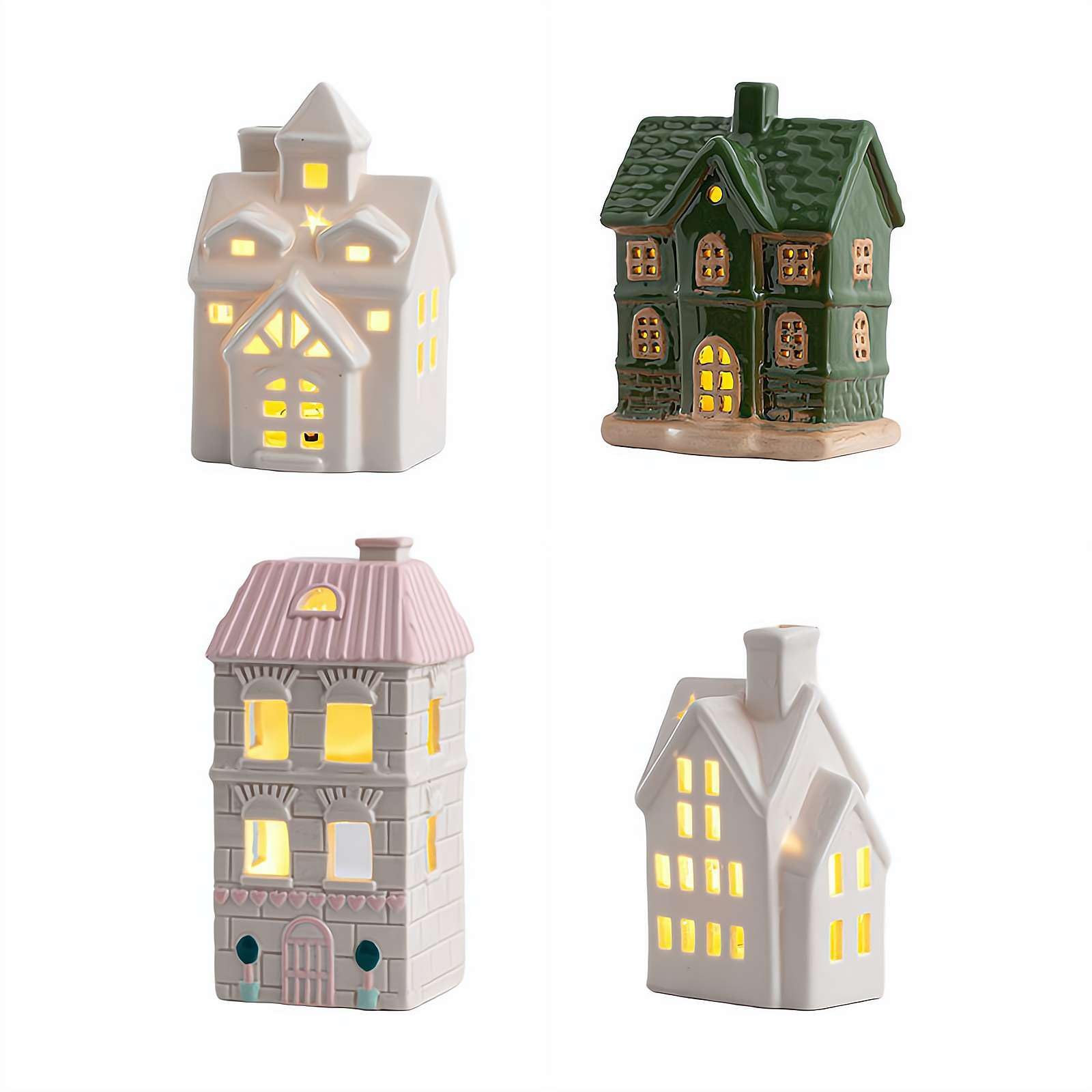 Maisons de village de Noël en céramique, petites figurines de village de Noël lumineuses, scène de neige, décoration de table pour bureau, cheminée de Noël, décoration de fête de Noël