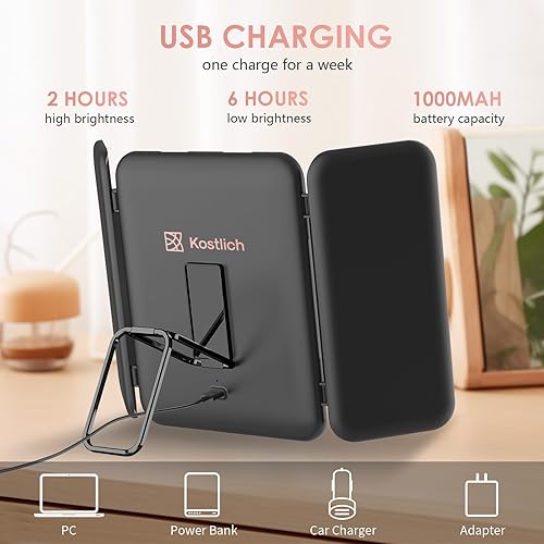 Miniatura 5 de Espejo de tocador de viaje triple con 3 luces de color, espejo de aumento recargable 1X3X7X, espejo de maquillaje portátil iluminado