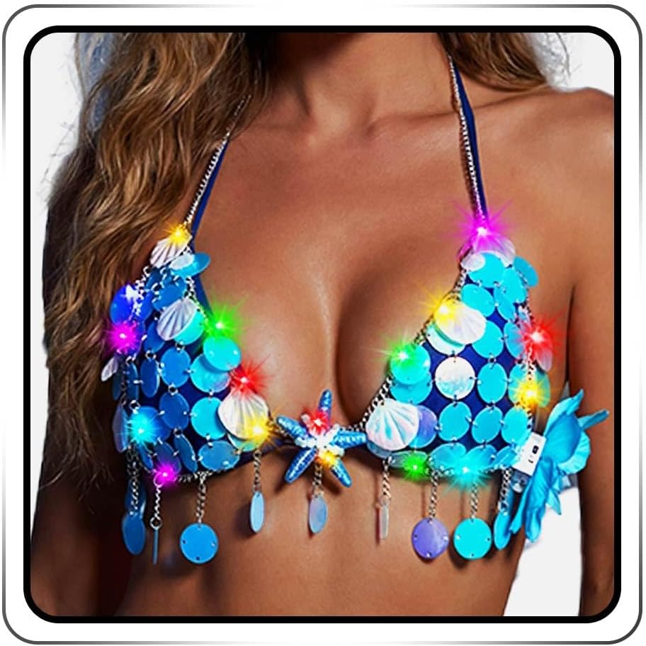 Light Up Mermaid Bikini Bra Top Seashell Rave Costume Shell Bras for Women Blue