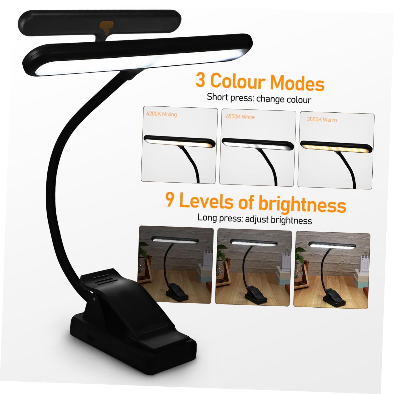 BESPORTBLE Lampada LED da Leggio Clip Ricaricabile 1000 Mah Nera
