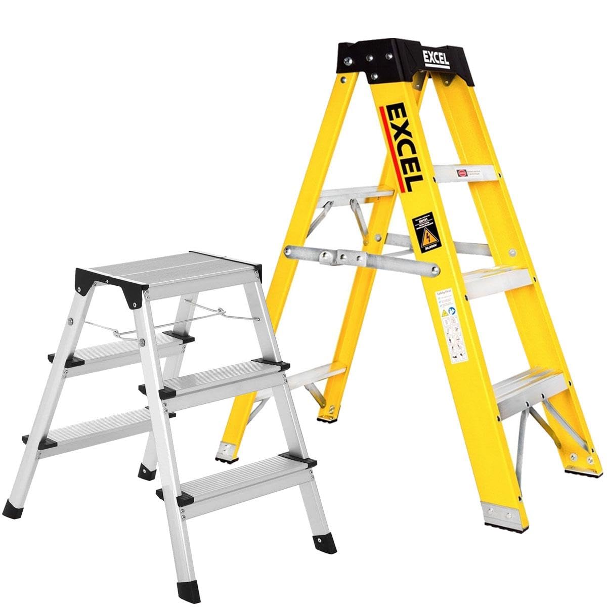 Excel Heavy Duty Fibreglass 3 Tread Ladder with 3 Step Hop Up Ladder