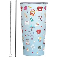 Nurse Tumbler with Lid and Straw Blue 20oz Insulated Stainless Steel Cup Blue White Travel Coffee Mug Water Bottle for Women Gift for Birthday Christmas