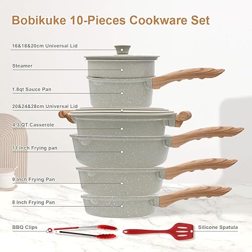 Miniatura 6 de Bobikuke Juego de 10 utensilios de cocina antiadherentes, ollas y sartenes antiadherentes con tapa, juegos de utensilios de cocina para cocinar con