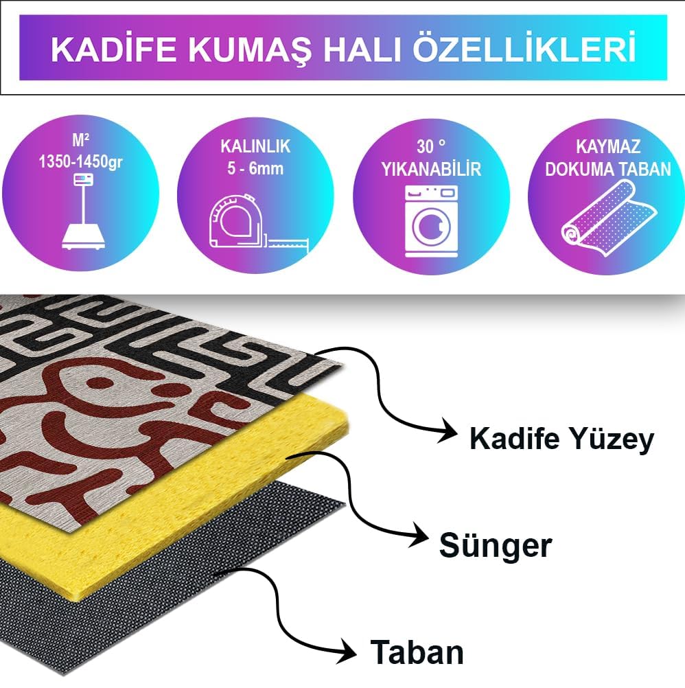 Latte Dizayn Drew Desenli Kadife Pamuk Tabanlı Yıkanabilen Kaydırmaz Antibakteriyel Salon Halısı (80X150)