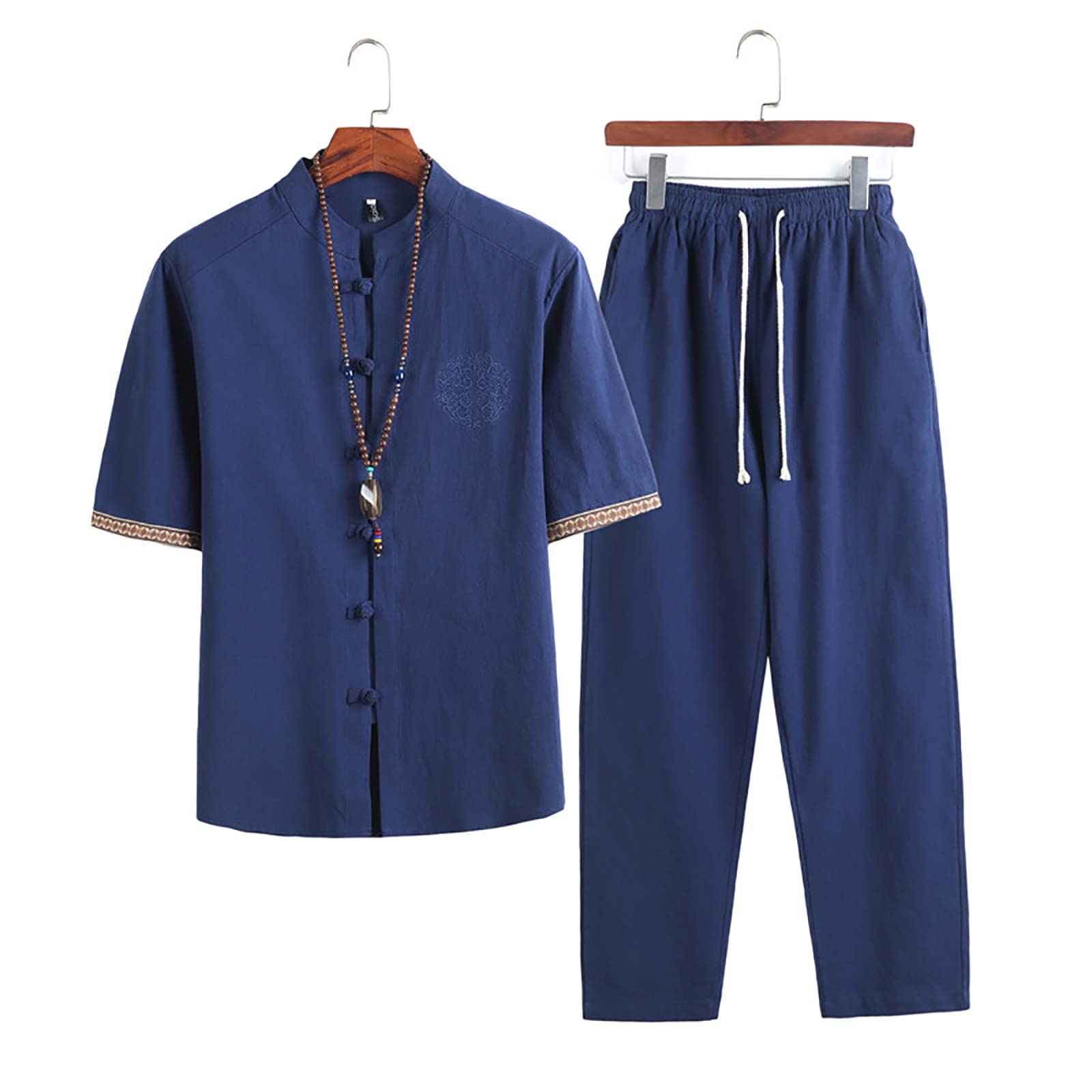 Completo Estivo Uomo Elegante Tute Complete Uomo Cotone Traspirante Antipiega Due Pezzi Traspirante Maniche Arrotolate Pantaloni