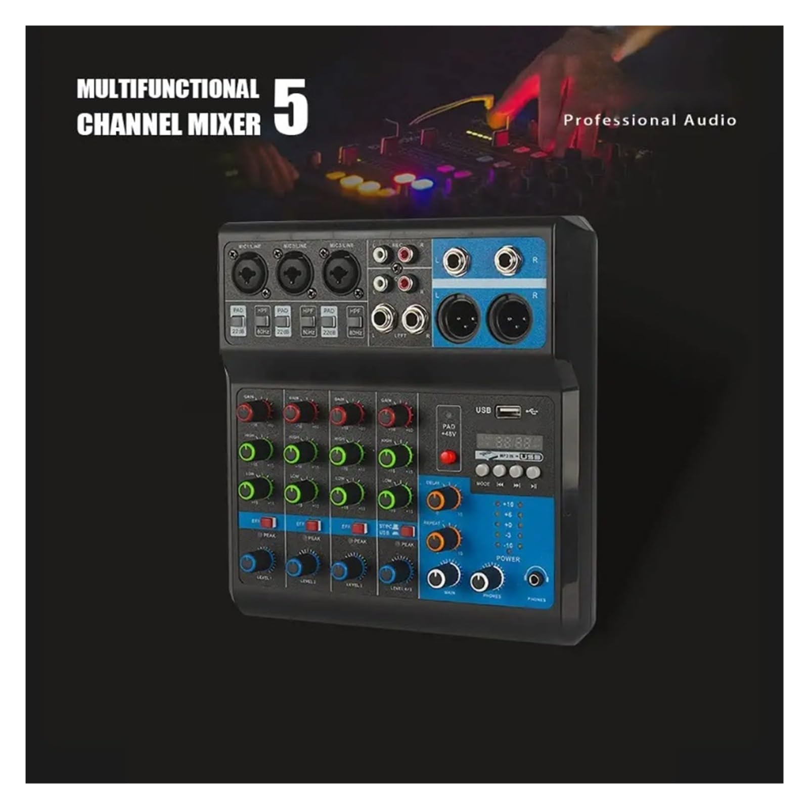 Mikser dźwięku, 5 Channel Sound Mixer Table Audio Professional Portable Digital Console Computer Recording DJ Controller Processor USB Bluetooth