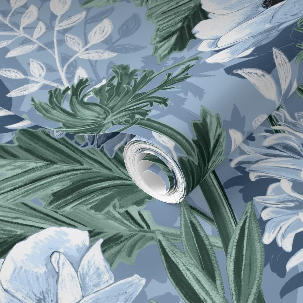 Removable Wallpaper Swatch - Mums Green Blue Spring Florals Nature Flowers Custom Pre-Pasted Wallpaper by Spoonflower