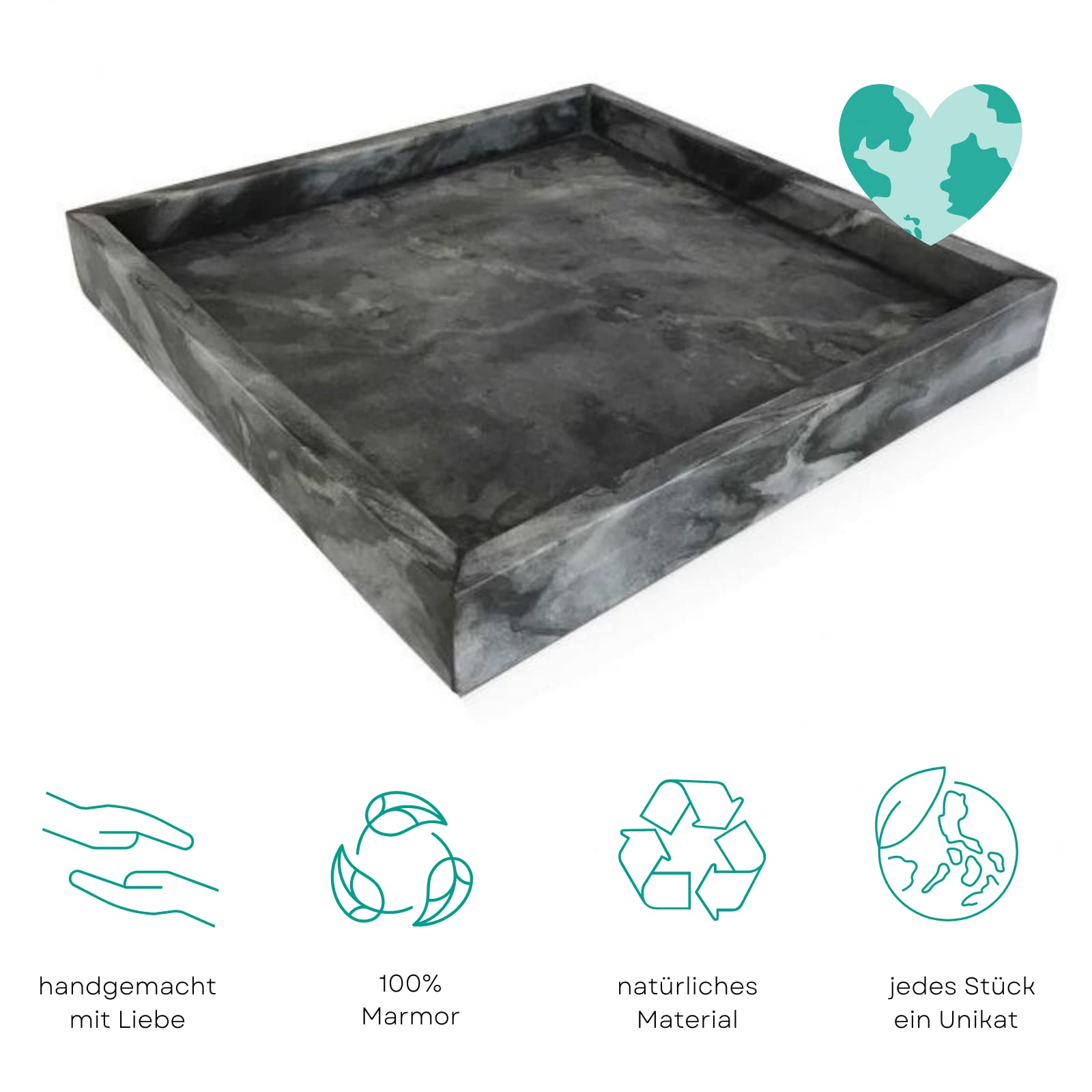 Marmortablett - Tablett aus dunkelgrauem Marmor - Marble Tray - Dekotablett - Serviertablett - quadratisch - Marmoroptik - dunkelgrau - 30x30x4cm