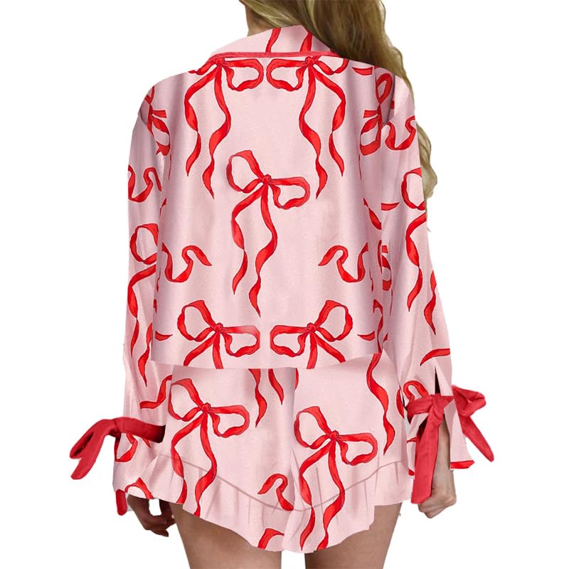 Image of Yiulangde Valentines Heart Bow Pajamas for Women Silk Satin Ruffle Shorts Pjs Tie Front Long Sleeve Shirts Pajamas with Bows