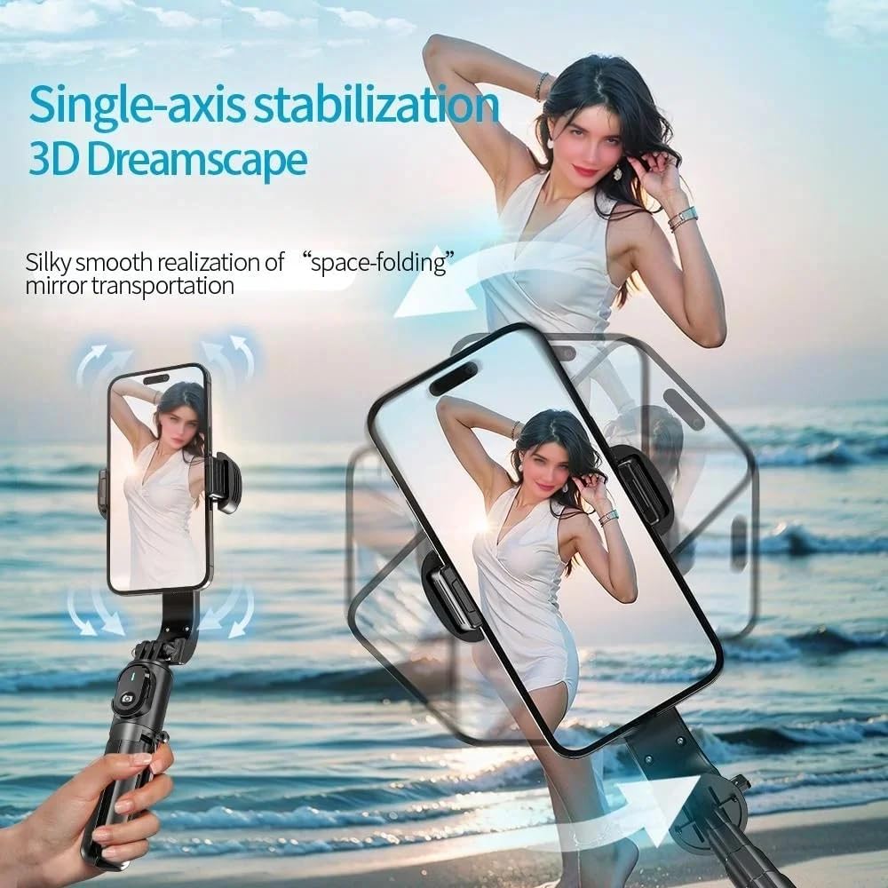 A smartphone mounted on the Desiontal Q30 gimbal, demonstrating single-axis stabilization for smooth video recording.