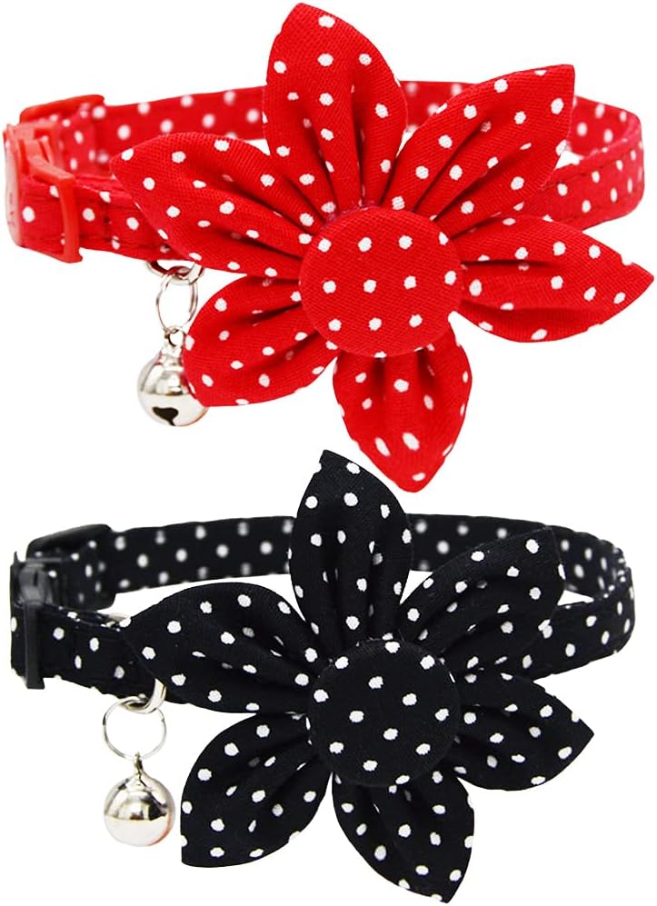 Covoroza 2 Pack Breakaway Cat Collar with Flower and Bell Adjustable Floral Kitten Collars Quick Release Buckle Red and Black