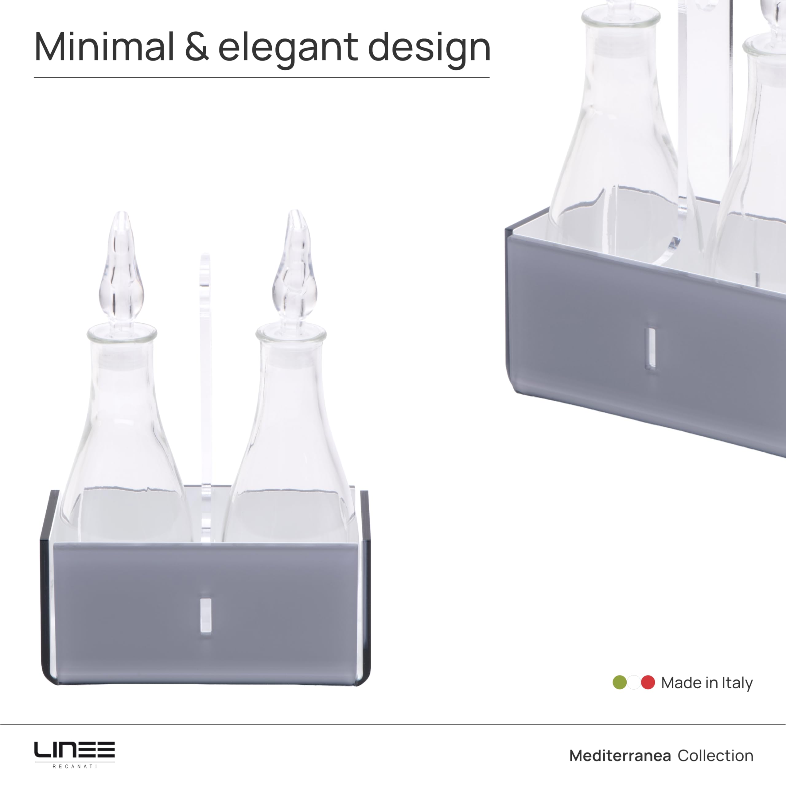 LINEE Recanati Mittelmeerraum für Öl und Essig – Gewürz-Set aus PMMA und Glas 18 x 10 x 23 cm – zeitgenössische Eleganz für den Tisch – Made in Italy (transparent grau/weiß)