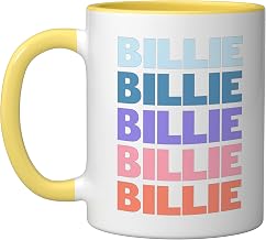 Funny Modern Repeated Text Design Billie Ceramic Mug, Yellow/White