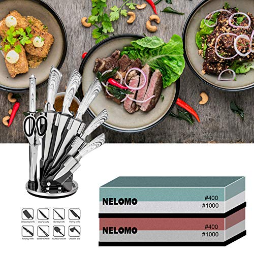 Whetstone, NELOMO Knife Sharpening Stone Set 400/1000 3000/8000 Grit 4 Side Knife Sharpener Stone Wet Water Stone Kit with Non-Slip Oak Base Leather Strop Angle Guide Flattening Stone