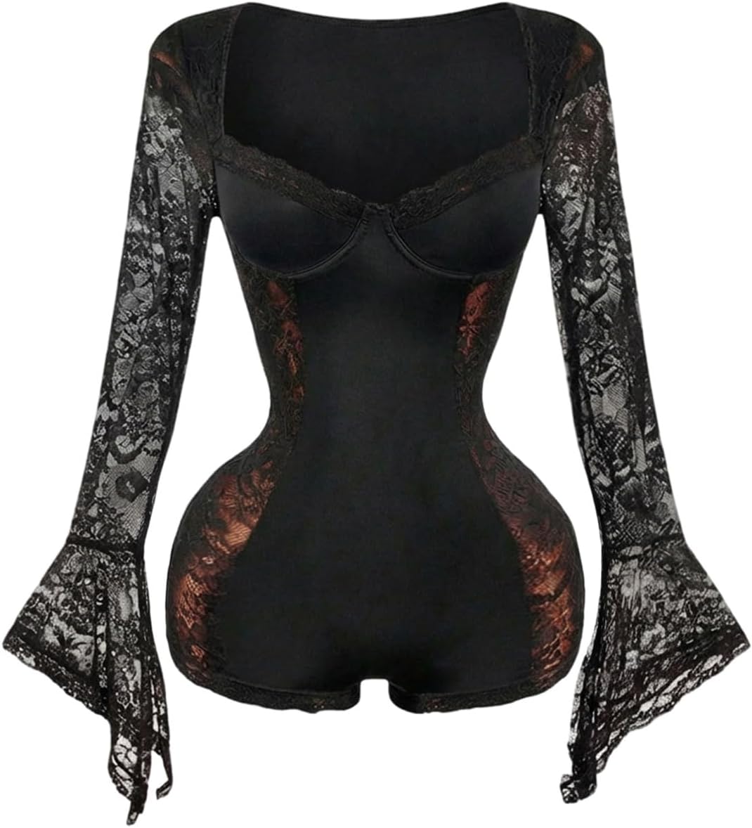 Floerns Women's Y2k Lace Flare Sleeve Bodysuit Sweetheart Neck One Piece Date Night Rompers