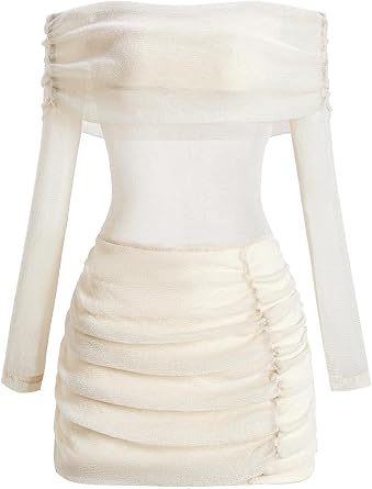 Womens Glitter Off The Shoulder Mini Dress Sheer Ruched Long Sleeve Bodycon Cocktail Party Club Dresses