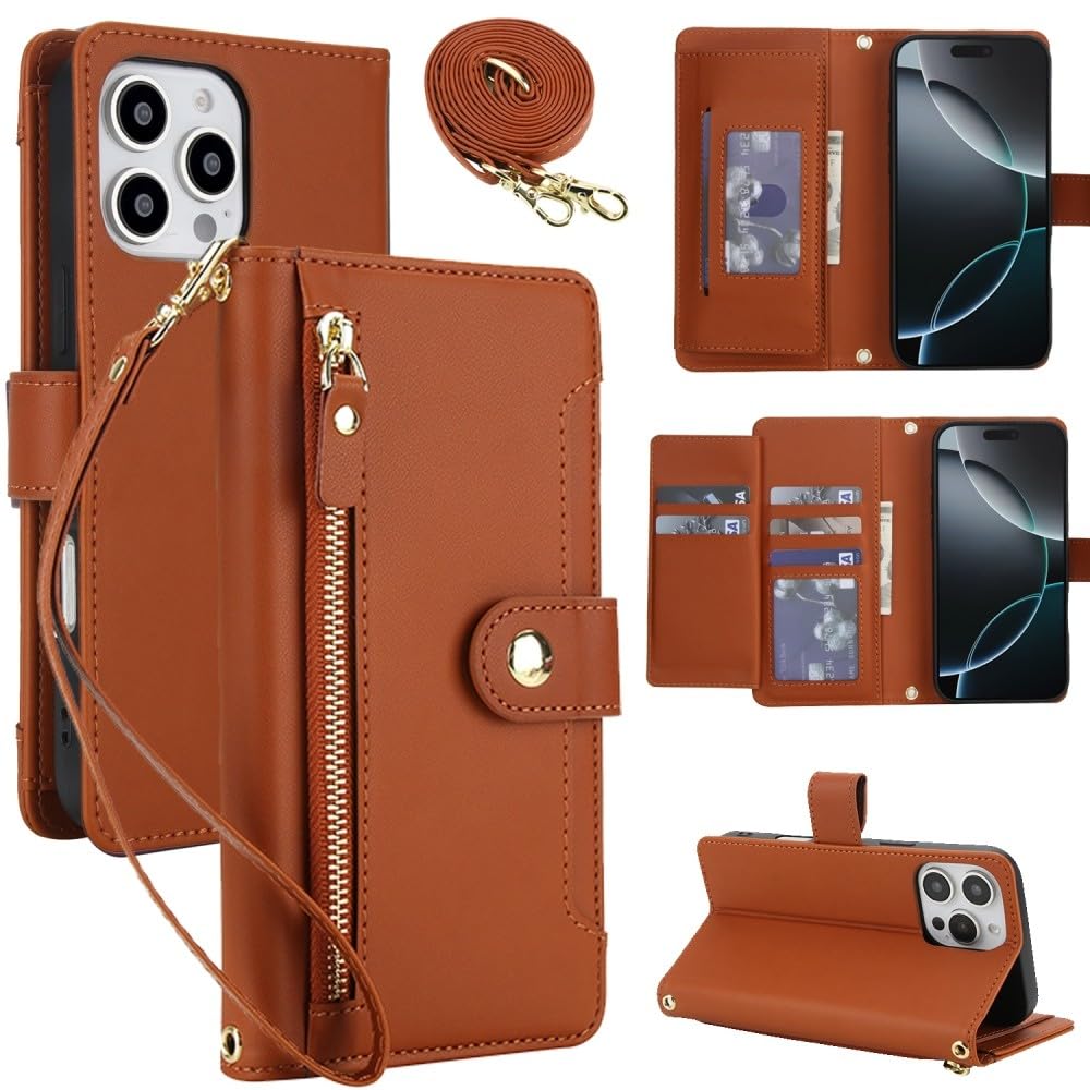 Funda genérica compatible con iPhone 13 (color: marrón) funda de cuero con múltiples pistas, funda abatible con correa larga