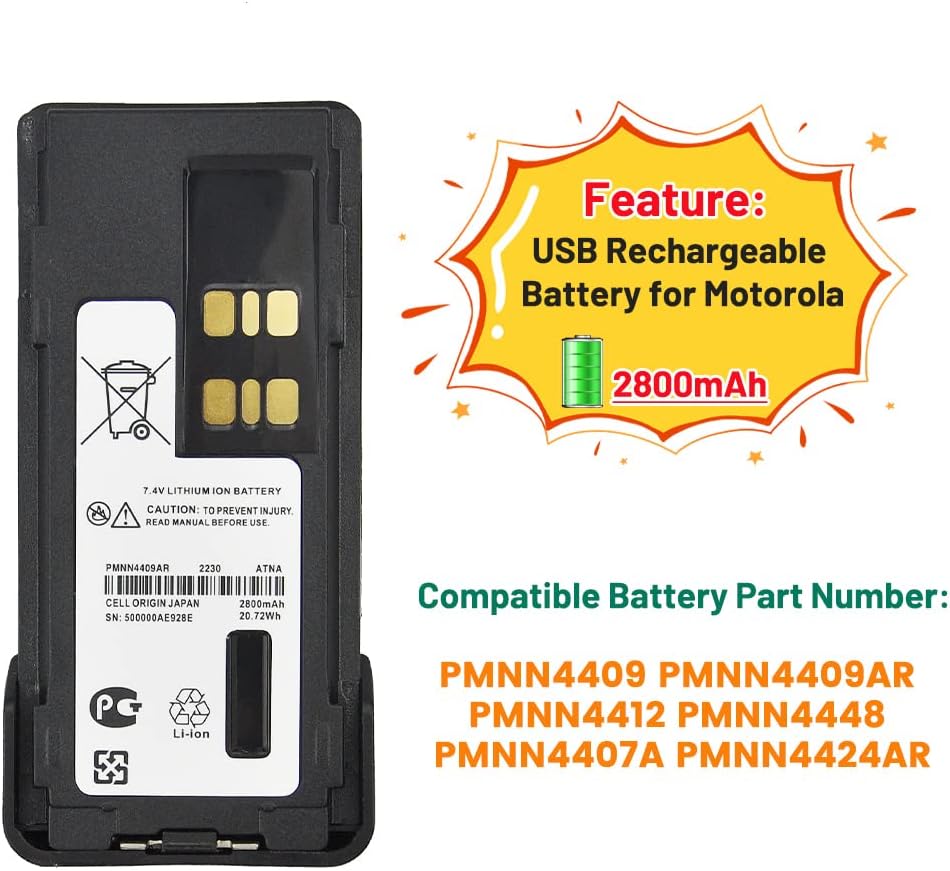 PMNN4409AR Battery with Type-C USB Charging High Capacity 2800mAh Battery for XPR3300 XPR3550 XPR7350 XPR7550 XPR7580 GP338D DP4400 DP4600 XiR P8608 APX1000