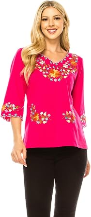 unik Womens Embroidered Cotton Blend Bohemian Blouses 3/4 Sleeves for Fiestas and All Ocasions