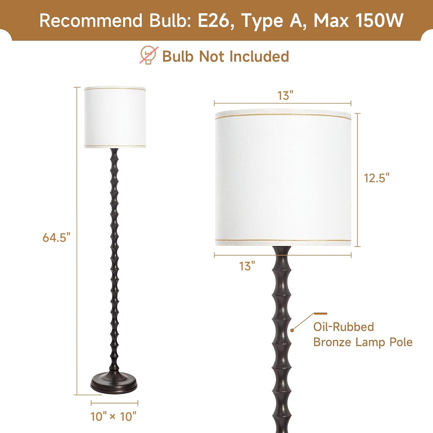 64.5" Dark Brown Floor Lamp with White Lampshade, Dark Brown Floor Lamp for Living Room.Rustic Floor Lamps,Tall Floor Lamps for Living Room, Bedroom, Corner, Dining Room, Home