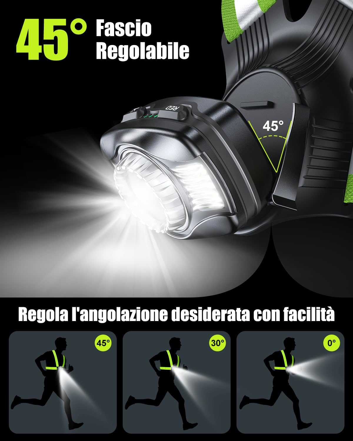 Babacom 500 Lumen Luce Running, Bretelle Giubbotto Catarifrangente con Riflettore, Fascio Regolabile a 45° e Impermeabilità IPX4, Torcia Frontale 1800mAh Ricaricabile per Corsa/Ciclismo/Camminate