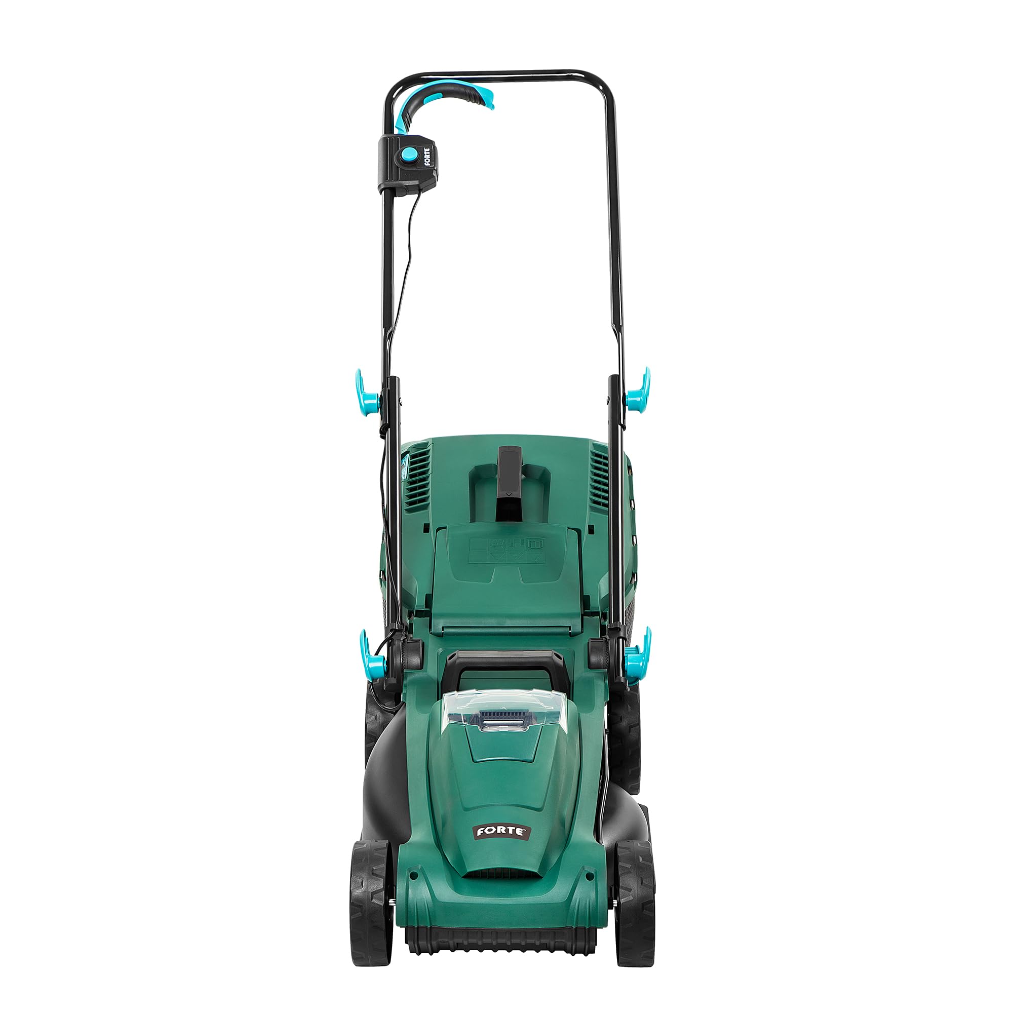 FORTE Cortacésped inalámbrico de 21,6 V y 34 cm con batería de iones de litio de 4,0 Ah, cargador rápido y rodillo trasero. Potente cortacésped de batería para césped pequeño a mediano (cortacésped de