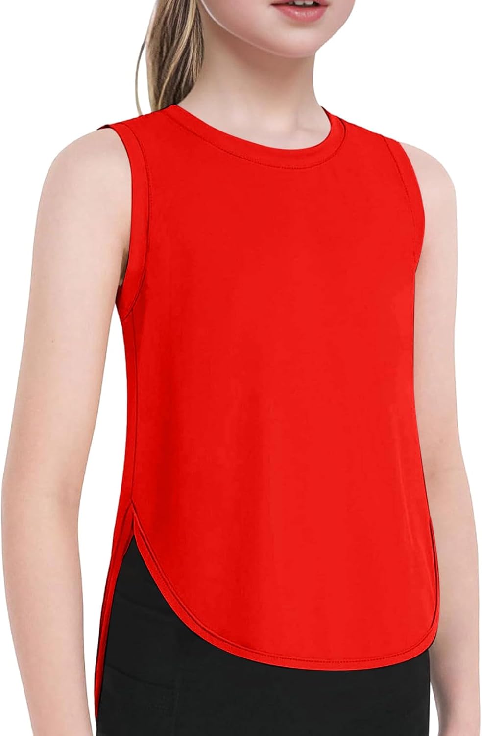 Dziewczęcy sportowy jednokolorowy tank top, z zaokrąglonym obszyciem, bez rękawów, na siłownię, jogę, bieganie