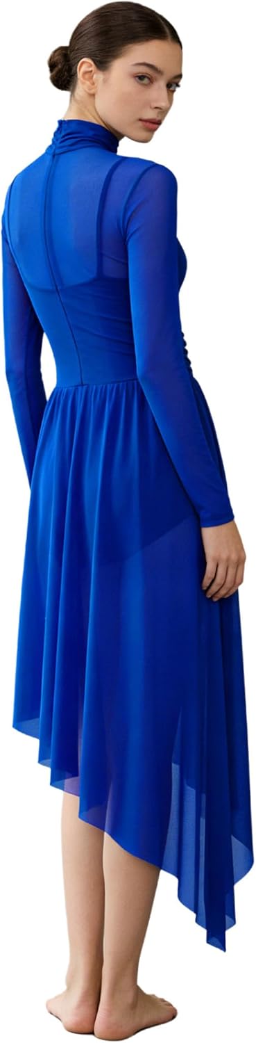 Women Lyrical Dance Costume Turtleneck Dance Leotard with Skirt Adult Long Sleeve Flowy Ballet Dress