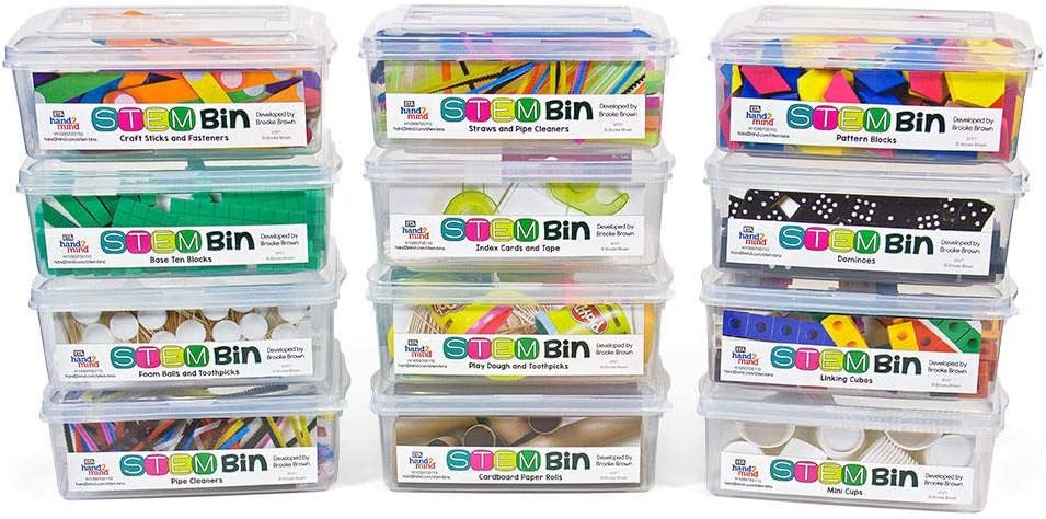 hand2mind STEM Bins by Brooke Brown, 12 Ready-to-Fill Plastic Bins with Manipulative Labels (Bins Only)