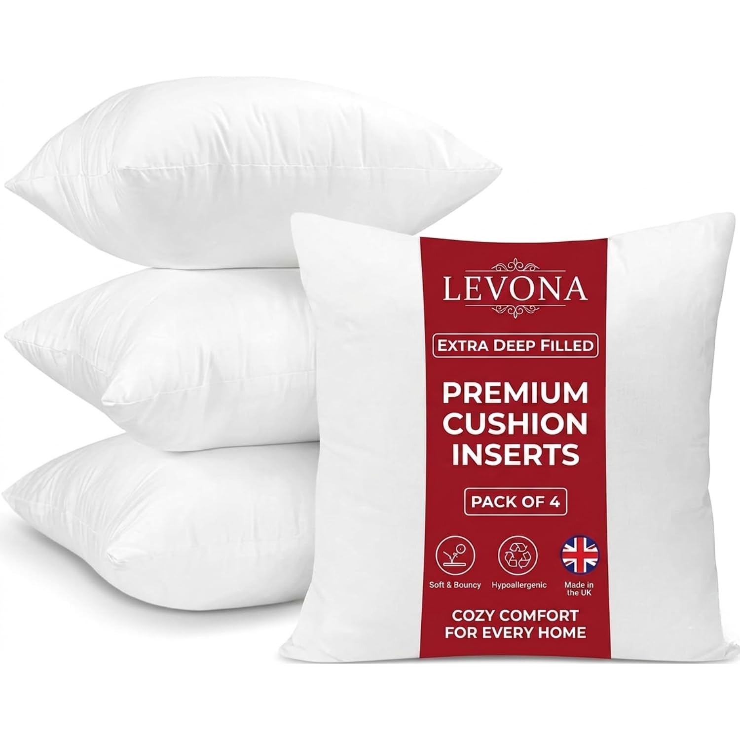 Levona Pack of 4 Cushion Inserts 45x45cm (18x18 Inch),outdoor cushions, Perfect Hollowfibre for Sofa Cushion Pads Cushion Supportive Bounce Back Comfort