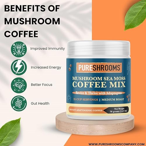 Miniatura 5 de PureShrooms Café instantáneo de hongos Sea Moss - Arábica colombiana liofilizada con melena de león, cola de pavo, L-teanina - baja acidez, suave -