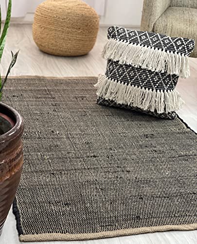 Chardin Home Jute & Black Cotton Rags Runner Rug. Boho Farmhouse Country Home Decor Long Rug Reversible Mat | 3X5 Feet Black/Jute #TOP3