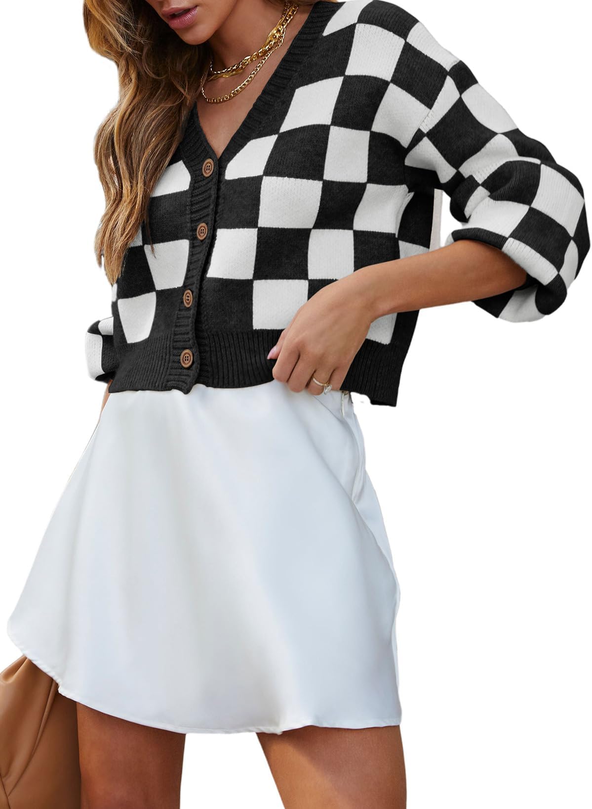 Womens Checkered V Neck Button Down Long Sleeve Cable Knit Cropped Cardigan Sweaters Tops