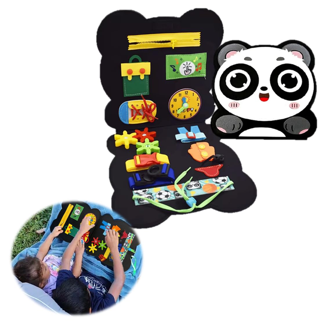 Panda Quiet Activity Book, 12 Basic Skills. Buckle Board for Toddlers. Developing Motor, Cognitive, and Sensory Skills. Zipper Button snap Toy. Basic Life Skills for Toddlers