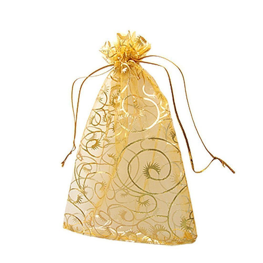 YYaaloa 100PCS Mini Sheer Organza Bags, Drawstring Chic Gift Beauty Bags, Wedding Favor Bags Candy Jewelry Gift Bags (Gold, 4 x 4.72 Inches)