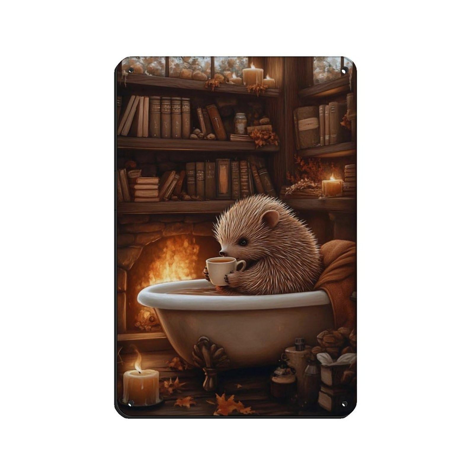 Adorable Hedgehog in Bathtub Tin Sign Vintage Metal Pub Club Cafe Bar Home Wall Art Decoration Poster Retro 8x12inch(20x30cm)