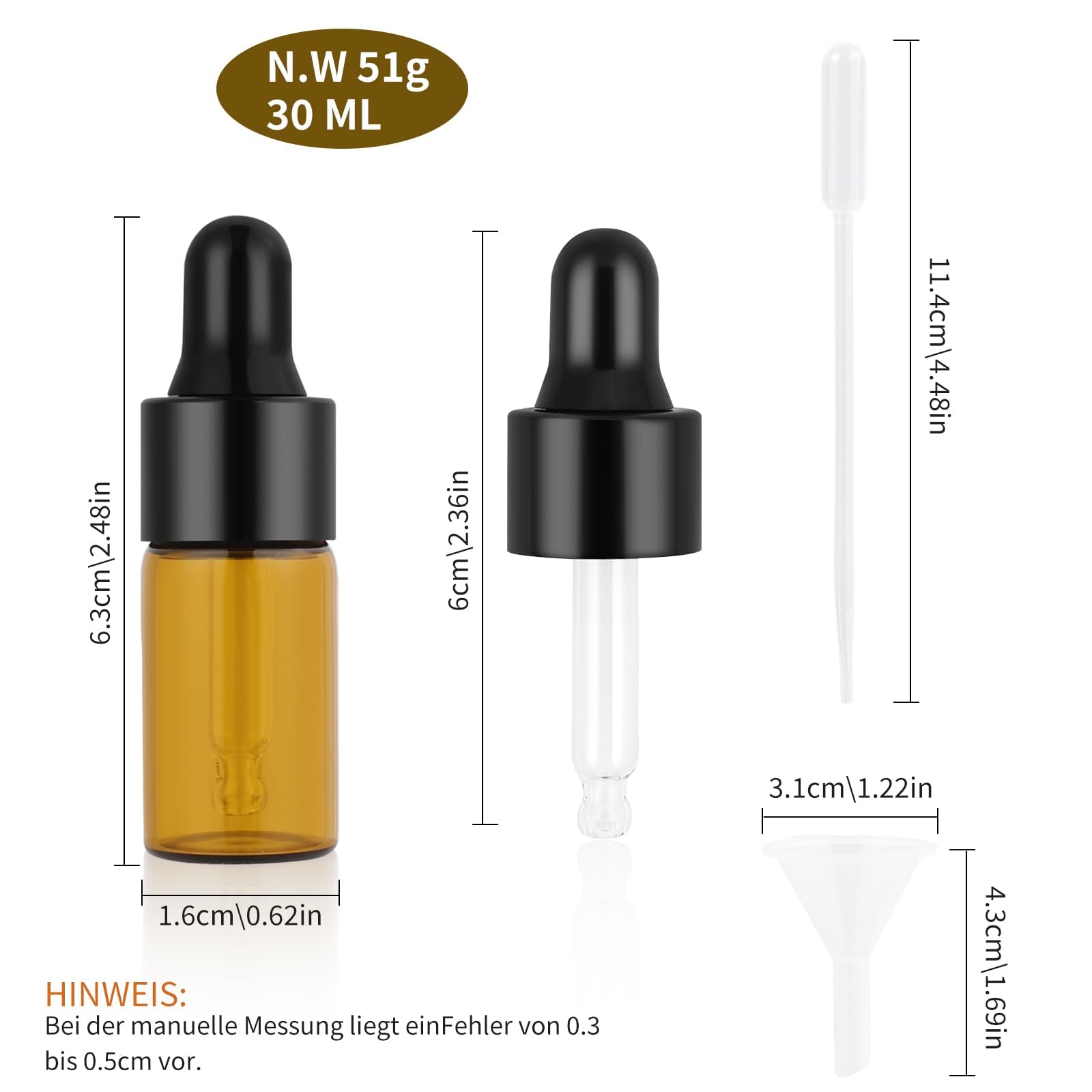 Bottigliette Contagocce Vetro 3ml/5ml - Set Da 50 Con Pipette E Imbuto, Per Oli Essenziali E Aromaterapia