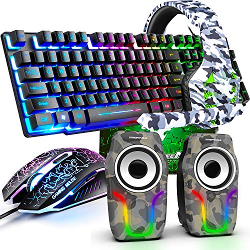 Gaming Keyboard and Mouse,5 in 1 Gaming Combo,12W HD Sound Speakers Rainbow LED Backlit Wired Keyboard,2400DPI 6 Button Optical Gaming Mouse,Gaming Headset,Gaming Mouse Pad for PC Gaming