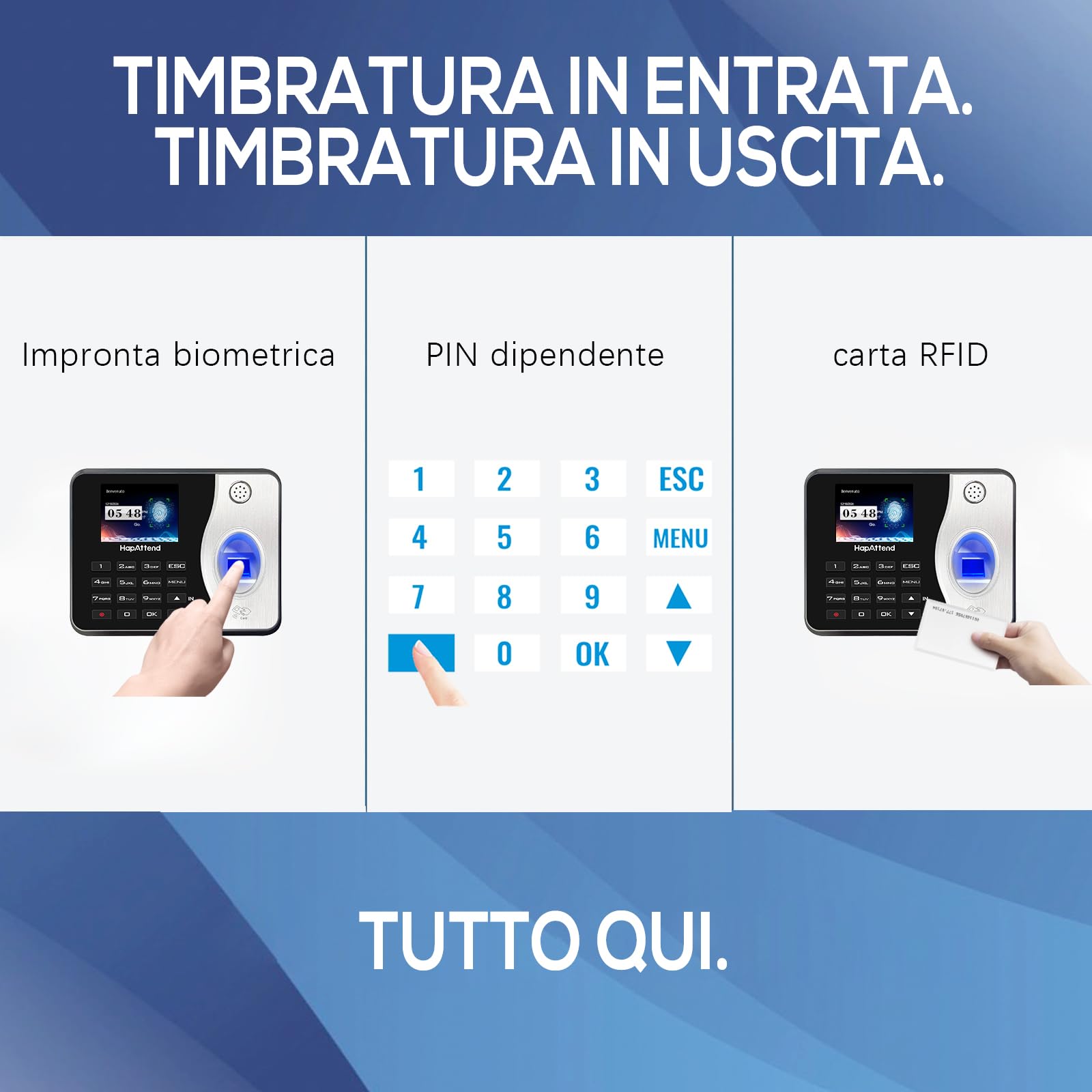 Rilevatore presenze, HapAttend Italiano timbracartellini lettore con impronte digitali e 5 badge RFID, H3 timbratrice presenze dipendenti Checking-in registratore orologio tempo per piccole imprese