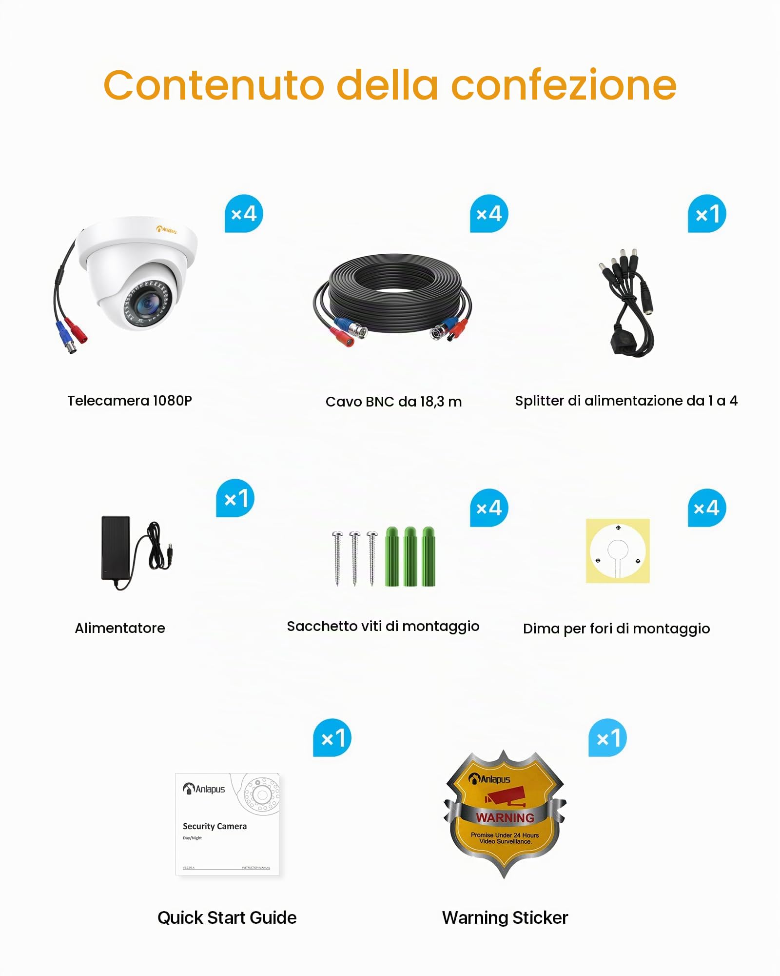 Anlapus 4pcs 1080P Telecamera di Sorveglianza per DVR Kit Videosorveglianza, 20M Visione Notturna, Bianco