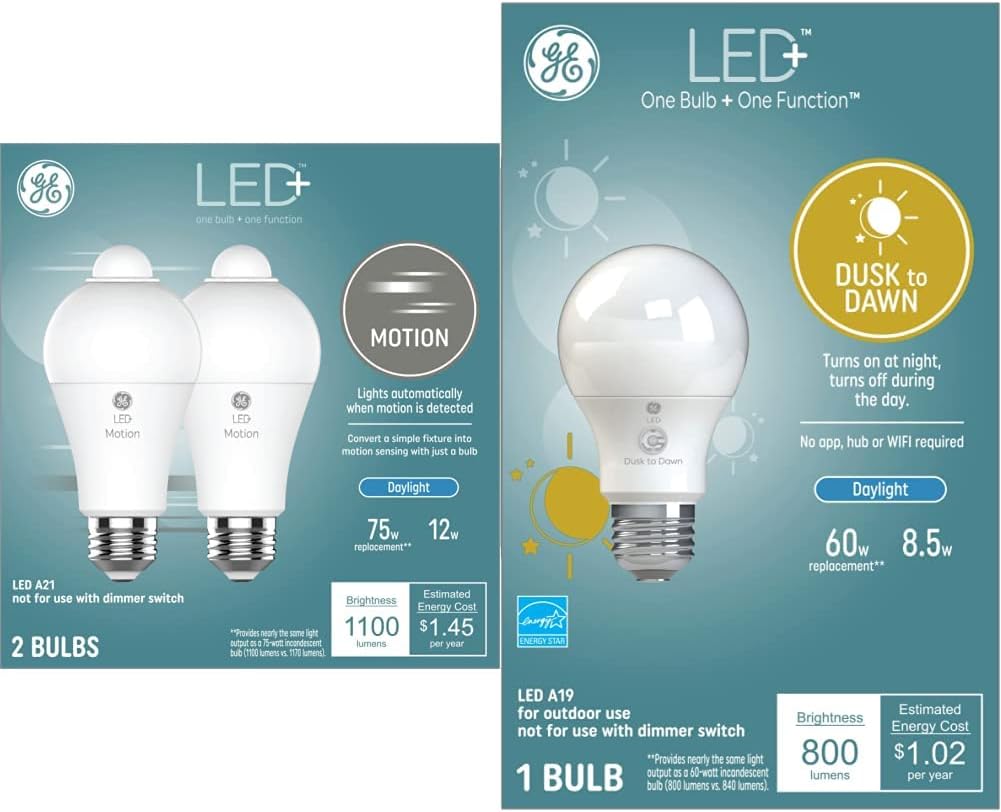 GE LED+ Motion Sensor LED Light Bulbs + Dusk to Dawn Bulb Bundle, (2