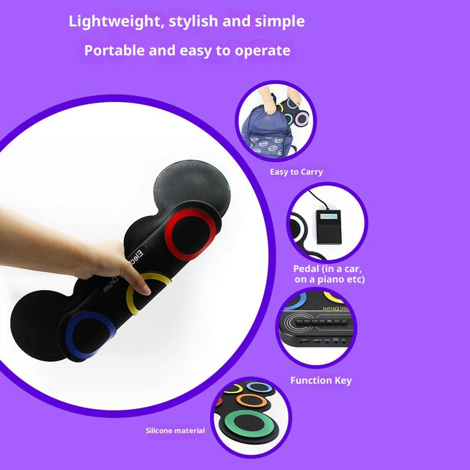 Kit de batería enrollable flexible con altavoz, pad de percusión portátil, 7 pads, instrumento creativo para adultos y niños principiantes, instrumento musical negro