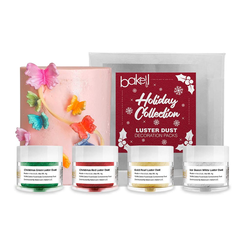 Bakell - Holiday Luster Dust Combo Packs (4g Jars) | Edible Glitter Powder for Cake Decorating and Drinks (4, Christmas Colors - A)