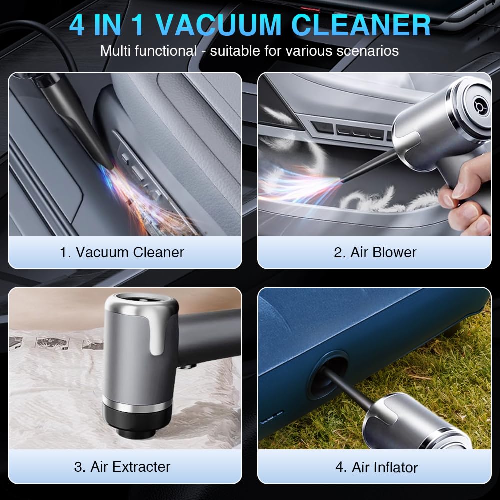 Auziya Car Vacuum Portable Cordless, 15000Pa High Power Handheld Vacuum Cleaner, 4-in-1 Mini Vacuum Cleaner and Air Duster with Multi-Nozzles for Car, Home, Office, Pet (Grey)