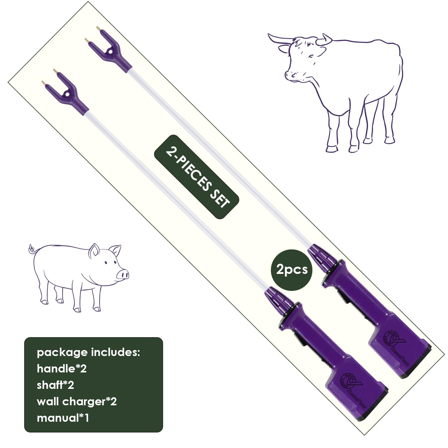 Juego de 2 piezas de ganado recargable morado para vaca, cabra, oveja, cerdo, animal, impermeable, con eje flexible