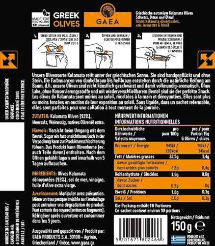 GAEA Kalamata Oliven ohne Stein | 8 x 150g | Natürlich schwarz & sonnengereift | Für Snacks & Salate