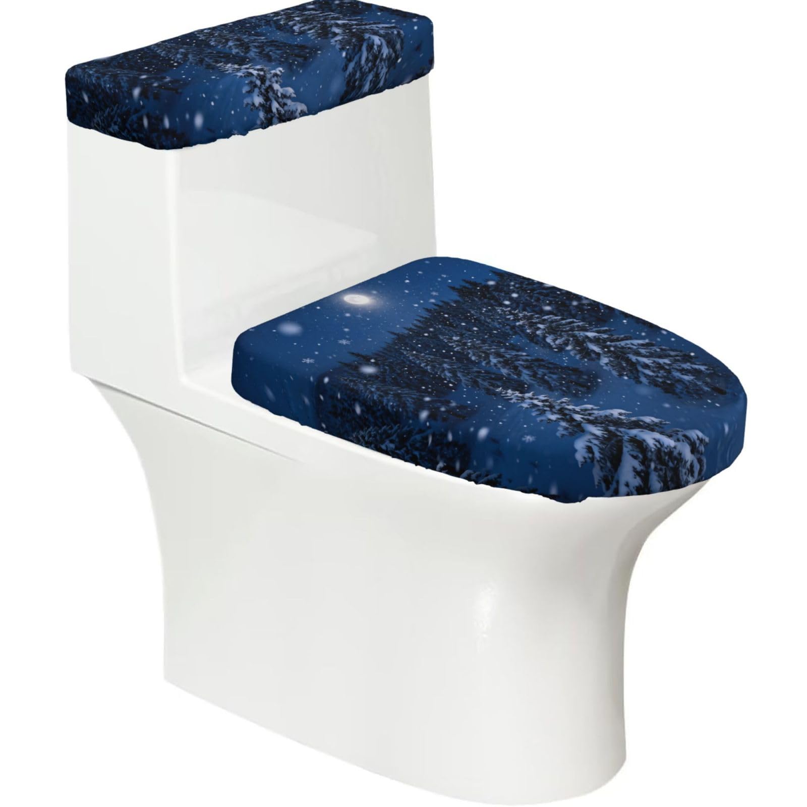 Cntdbu Black Winter Snow Pine Elastic Toilet Cover Set Of 2-Stretchy Lid And Tank Covers For Bathroom, Soft Washable U Shape Toilet Decor