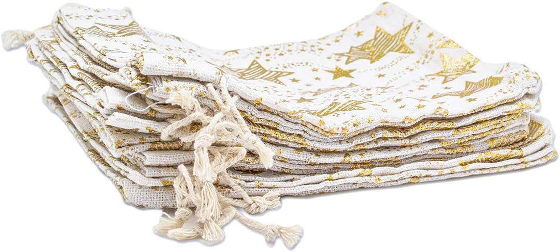 Free Shipping Offer 48pk - 12x16 Cotton Canvas Muslin Gift Bags with Drawstring for Presents, Party Favors, Samples (Golden Stars, Extra Large) by TheDisplayGuys